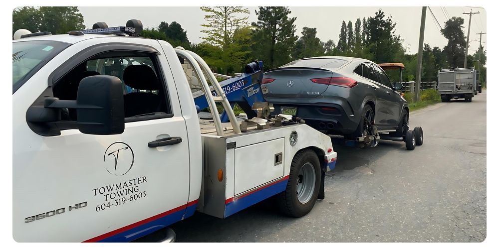 TowMaster Towing truck towing a Mercedes-Benz SUV on a suburban road